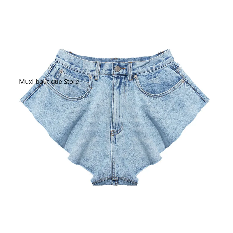 

ultra short women jeans spring summer Ruffle hem wide leg sexy women's jeans shorts wash make old hot pants fake skirt pants