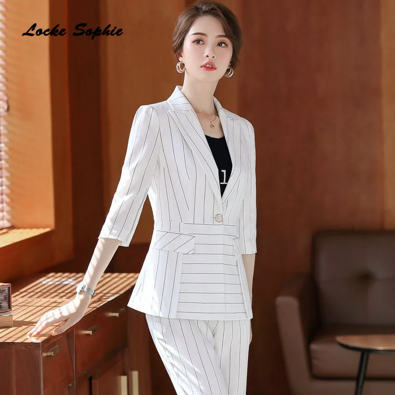 Женские блейзеры размера плюс пальто весна 2020 хлопок в полоску средний рукав