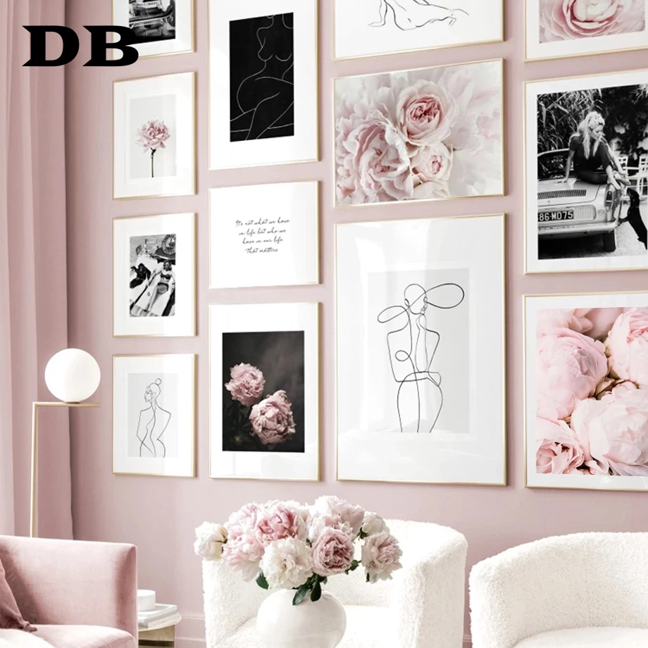 

Pink Peony Flower Abstract Line Movie Star Vintage Nordic Poster Wall Art Print Canvas Painting Decor Pictures For Living Room