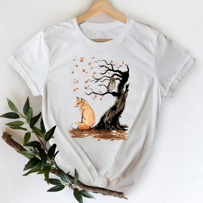 

T-shirts for Women 2022 Cartoon Fox Watercolor 90s Printing Spring Summer Top Lady Print Graphic Tshirt Female Tee T-Shirt