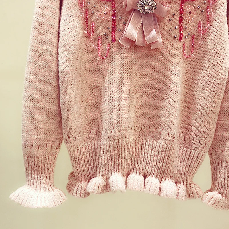 

French heavy industry beaded sequins bowknot v-neck pullover sweater with wood ears women 2021 winter new casual sweater