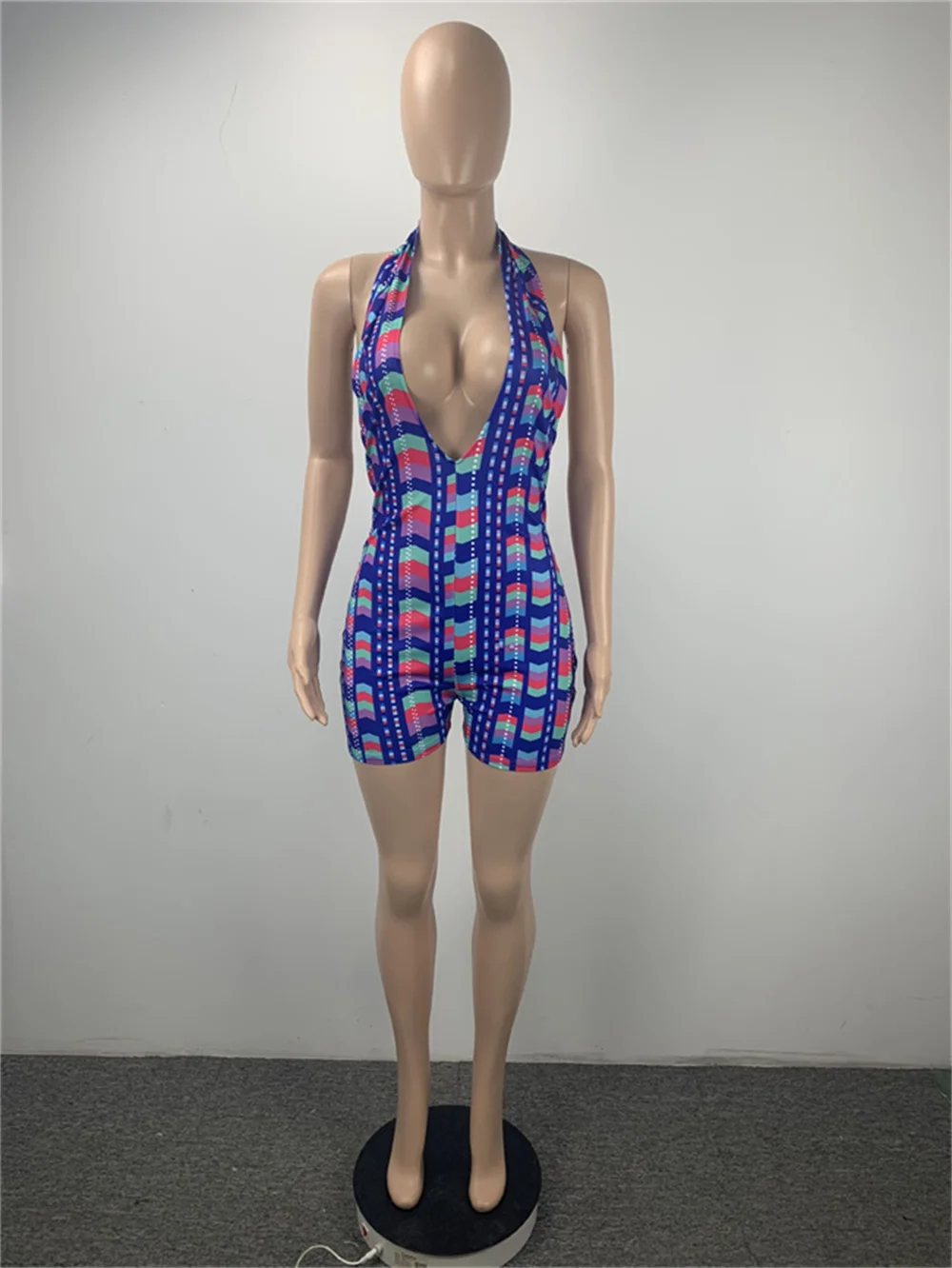 

RStylish Summer 2021 Sexy Printed Deep V Halter Backless Women Fashion Club Party One Piece Rompers