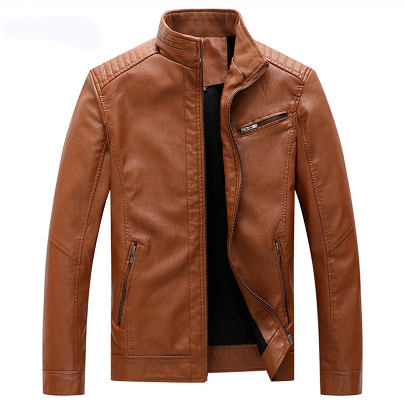 

Covrlge Men PU Leather Jacket Zipper Faux Leather Coats Slim Fit Casual Solid Jacket Men's Stand Collar Top Jacket Coat MWP054