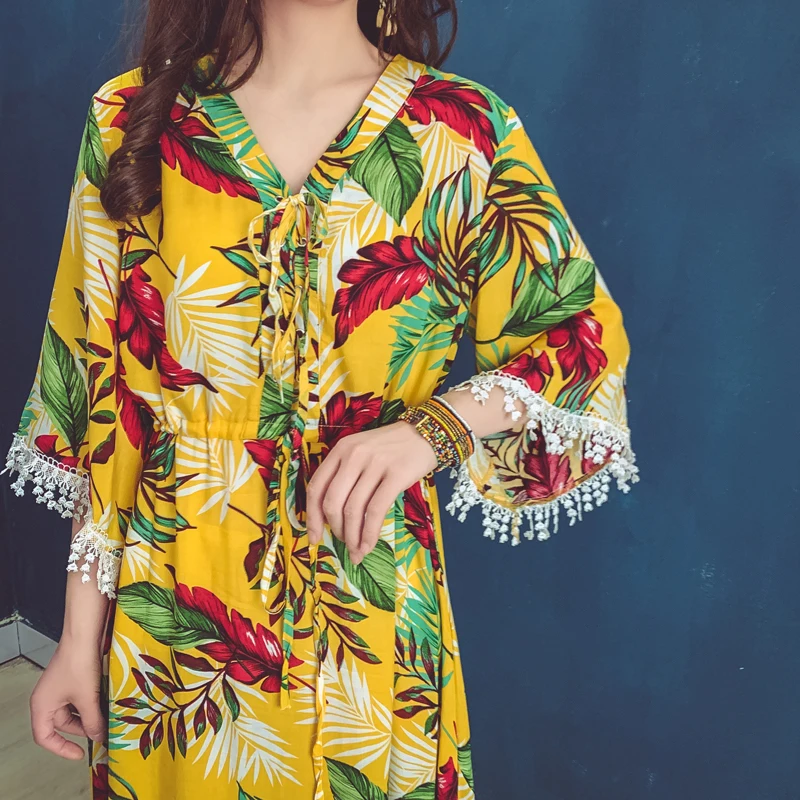 

Boho Tropical Beach Vacation Dresses Yellow 3 Colors Maxi Chiffon Floral Printed Dress Summer Runway Vintage Korean Party Dress