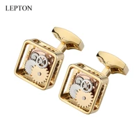 lepton gold color square framed steampunk gear watch mechanism cufflinks for men business wedding cuff links relojes gemelos