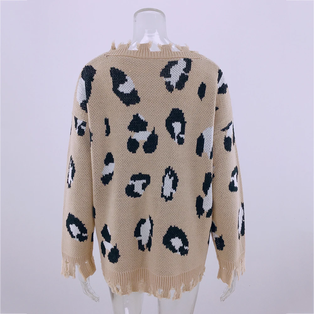 Женский трикотажный свитер с леопардовым принтом V-образным вырезом и длинным