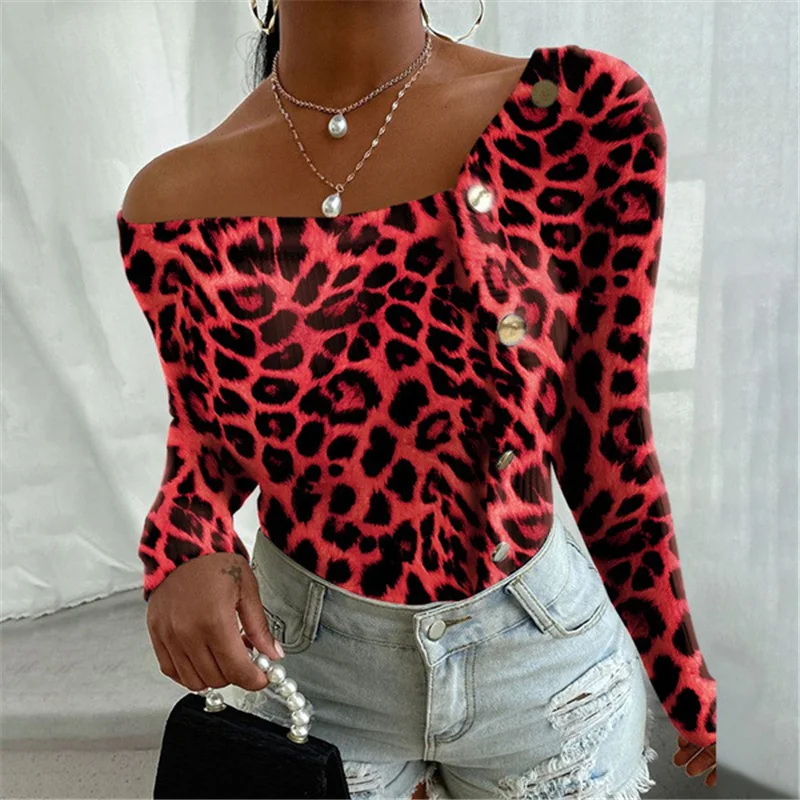 

Women Shirts Long Sleeve 2021 Sexy One-Shoulder Button Leopard Print Shirt Tops Slim Solid Color Knitted Women Shirts
