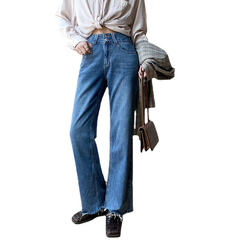 

2021 Spring wide-leg denim mopping jeans for women drape frayed casual loose straight-leg pants women Pantalones Mujer Vaqueros