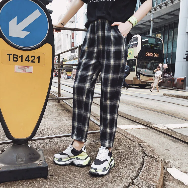 

2020 Spring Autumn Cropped Pants High Waist Women's Plaid Pattern Long Pants Fashion Casual Street Style Polyester Material