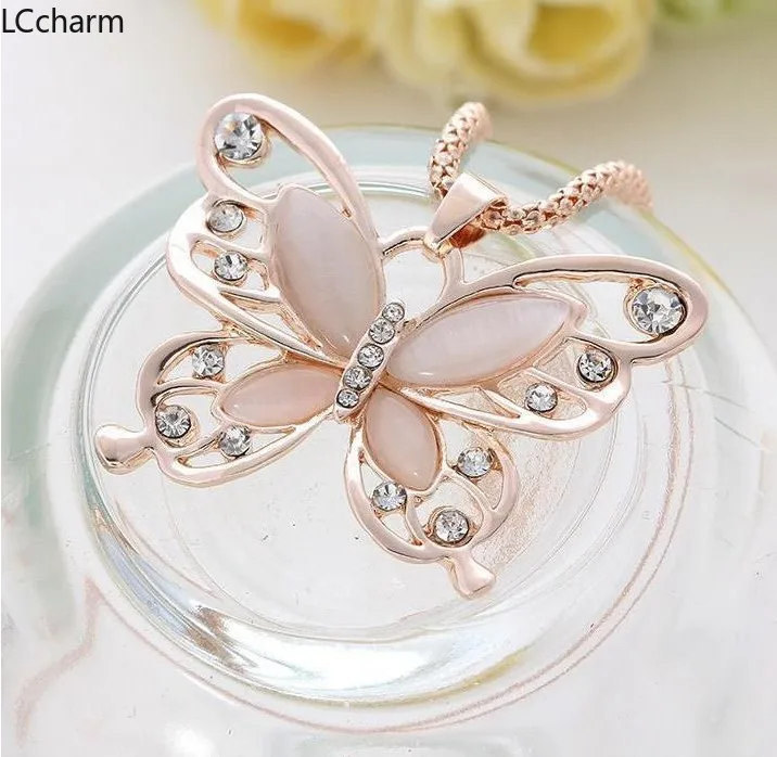 Женское ожерелье с подвеской бабочкой из розового золота длинная цепочка на