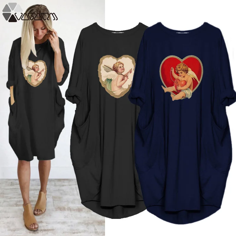 

Angel Love Print Dresses Long Sleeve Pocket Woman Autumn Loose Party Vintage Vestidos Streetwear Robe Femme
