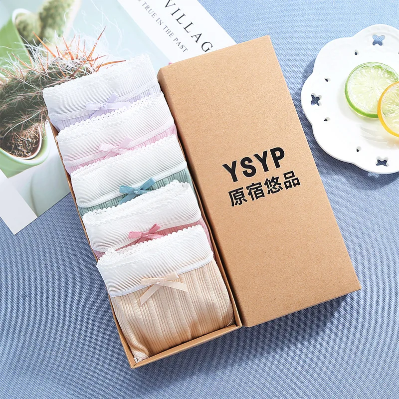 

[5 boxes] Japanese thread cotton ladies low waist underwear lace side triangle underwear solid color skinny breathable underwear