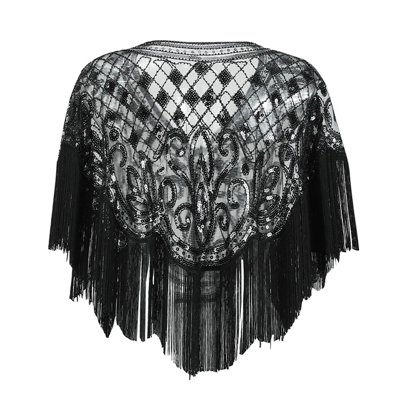 Tonval Vintage Sequin 1920s Flapper Fringe Beaded Luxury Shawl Women Cover Up Party Elegant Mesh Wraps Ponchos and Capes