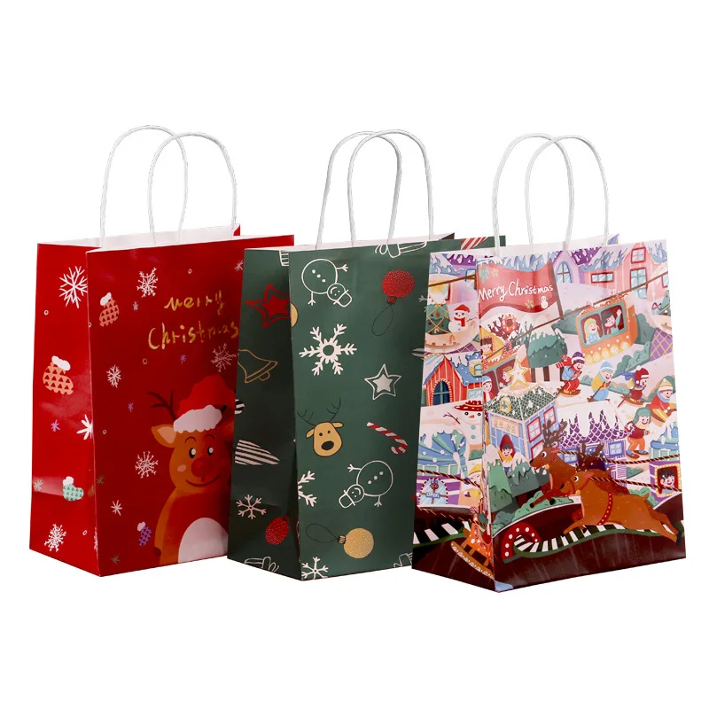

10pcs Merry Christmas Kraft Paper Gift Bags Candy Clothing Shopping Bag Portable Packaging Bag Santa Snowman Stickers Decoration