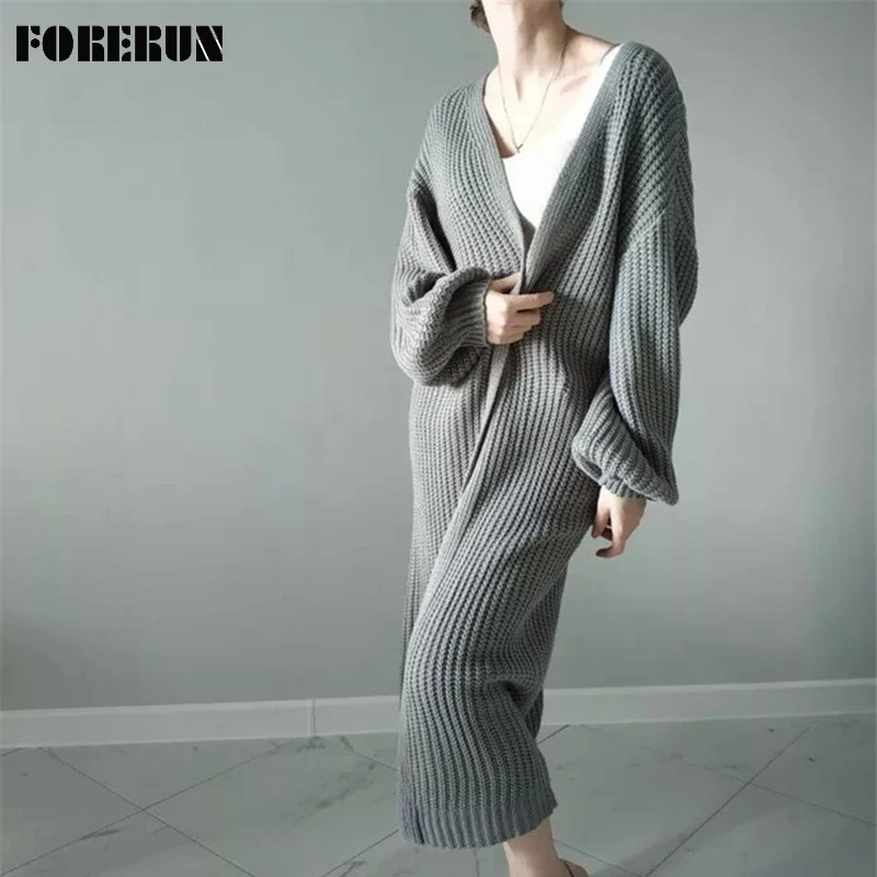 

FORERUN Ex-длинный кардиган, свитер для женщин, модный, глубокий v-образный вырез, негабаритное пальто, однотонный, Осень-зима, текстурированная п...