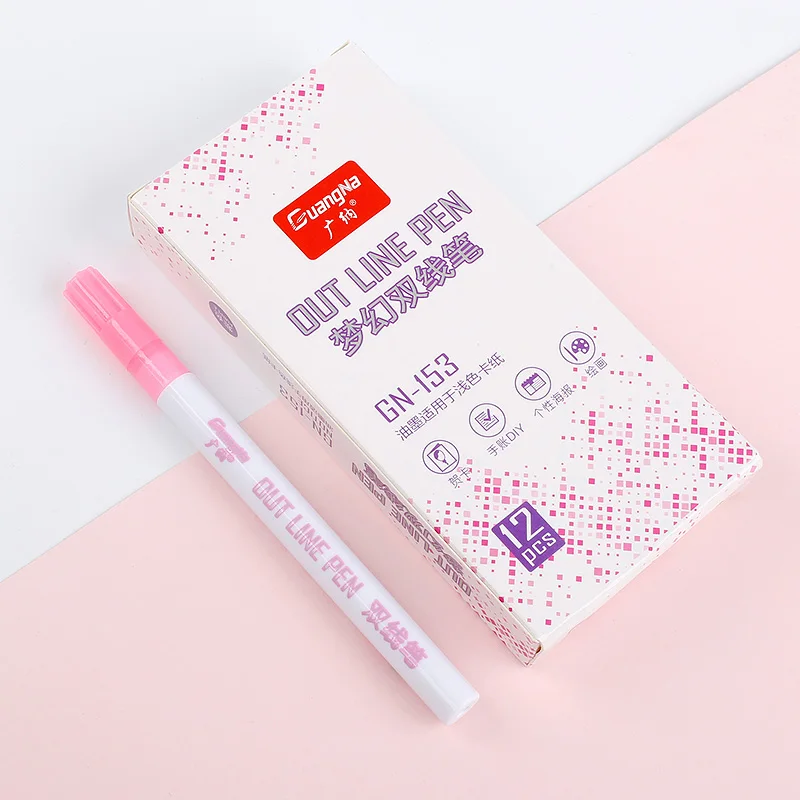 Pink 1 шт., художественные маркеры с двойными линиями, ручка DOMI Out Line, тонкий маркер для карандашей, каллиграфия, надпись, ручка, цветные ручки для рисования - Цвет: Pink