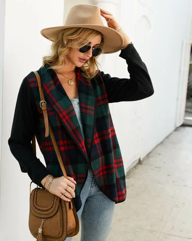 

Hot Women's Plaid Print Sweater Cardigan Coat Jacket Long Sleeve Tops NEW