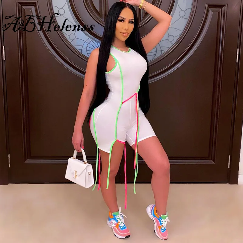 

A&BHelenss 2021 New Ribbons Solid Sleeveless Elastic Casual Patchwork O-neck Biker Playsuit Female One Piece Rompers