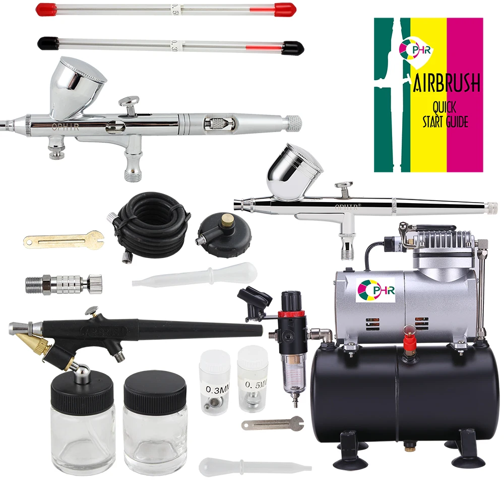 OPHIR 3-Airbrushes Dual Action & Single Action Air Brush Compressor Kit with Tank for Tattoo Nail Art Hobby AC090+004A+071+070