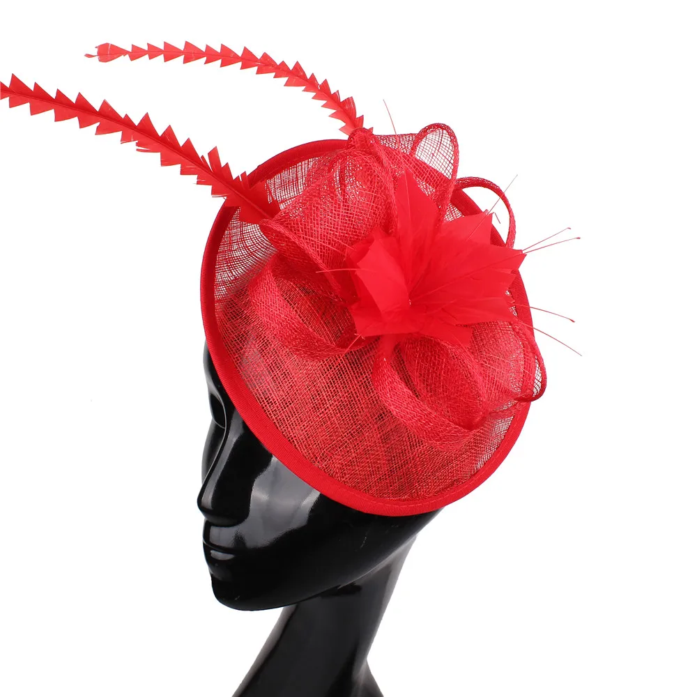 

Sinamay Fascinator Headwear Linen Base with Feather Cocktail Hats Red Wedding Millinery Hair Accessories 17 Color High Quality