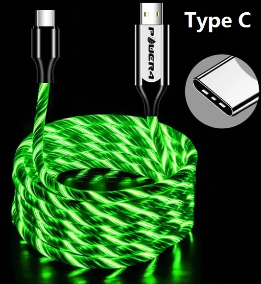 Power4 Прохладный светящийся USB C Микро зарядный кабель три разъема доступны для Lightning/Apple Android type-C зарядки мобильного телефона - Цвет: Type-C-Green