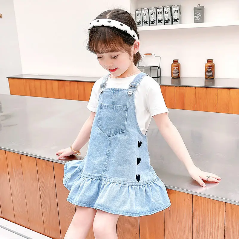 

Платье для маленьких девочек с нагрудным карманом, джинсовые комбинезоны, высокий джемпер для девочек, однотонные сарафаны для девочек, мин...