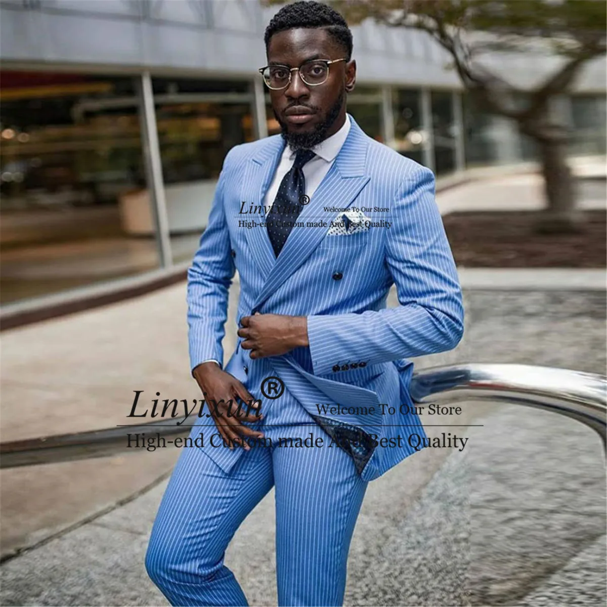 

Light Sky Blue Stripe Mens Suits Business Slim Fit Blazer Double Breasted Wedding Groom Tuxedo Prom Costume Homme (Jacket+Pants)