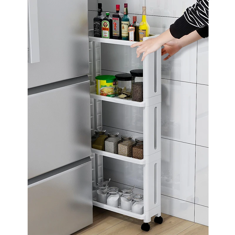 

2/3/4 Layer Gap Kitchen Storage Shelf Rack Slim Slide Tower Movable Assemble With Wheels Bathroom Accessories Kitchen Organizer