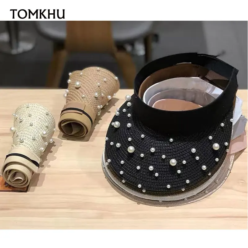 

Fashion Pearls Women Summer Hat Female Elegant Pearl Straw Sun Hats Wide Brim Visor Hat For Girls Beach Hats Fashion Cap Ladies