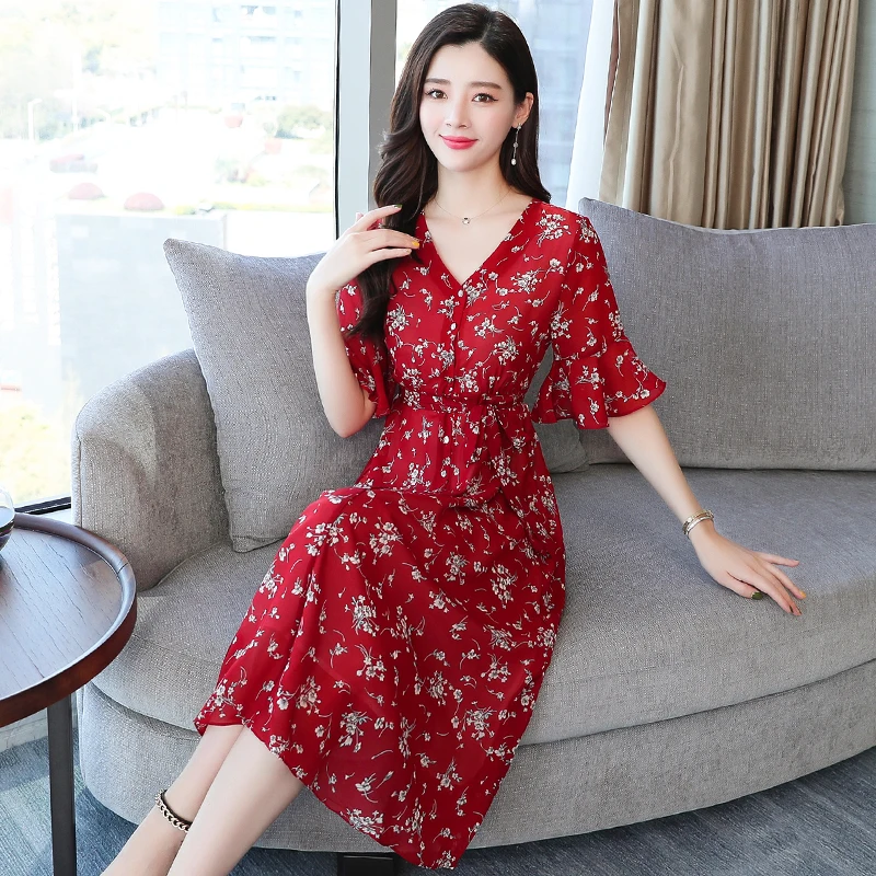 Шифоновое платье средней длины с цветочным принтом Летние Повседневные Вечерние