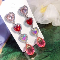 mengjiqiao hot sale korean luxury red heart crystal long pendientes mujer moda elegant colorful drop earrings party jewelry