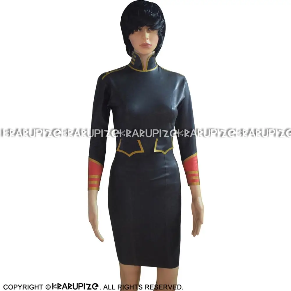 Сексуальное платье в стиле милитари из латекса с карманами молния сзади