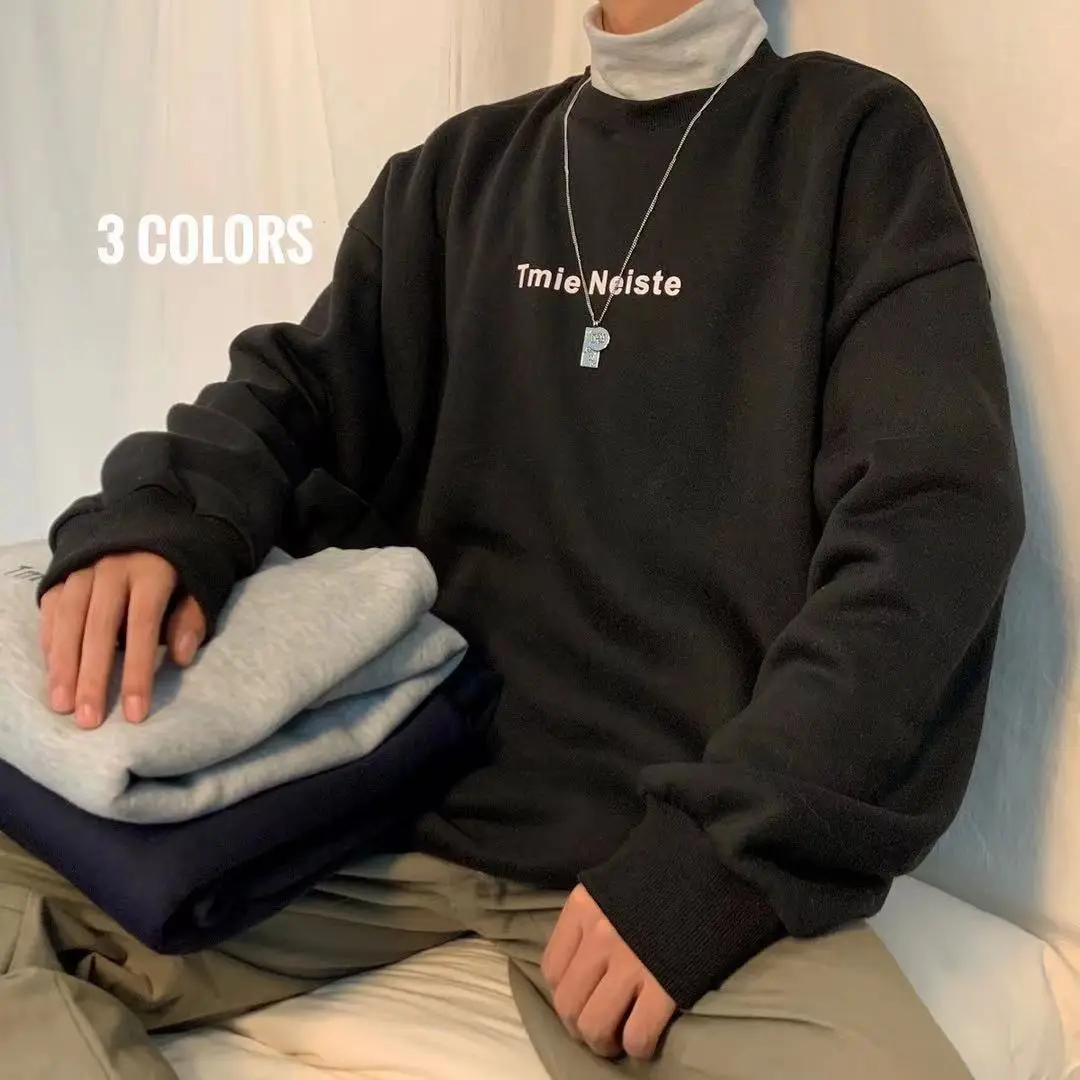 

2021 Men's Thickened Cashmere Coats High Collar Pullover Fake 2-piece Loose Hoodies Youth Tide Bottom Shirt 3 Color Sweatshirts