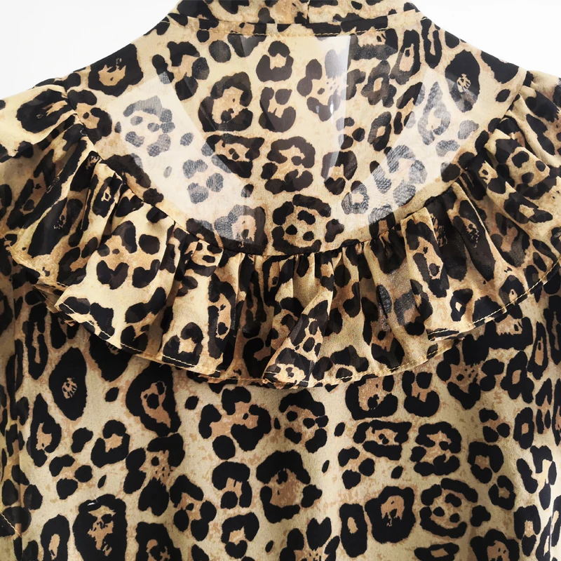 

AELESEEN Vintage 100% Silk Leopard Print Shirt 2021 Spring Summer Bow Collar Ruffles Elegant Office Ladies Blouse