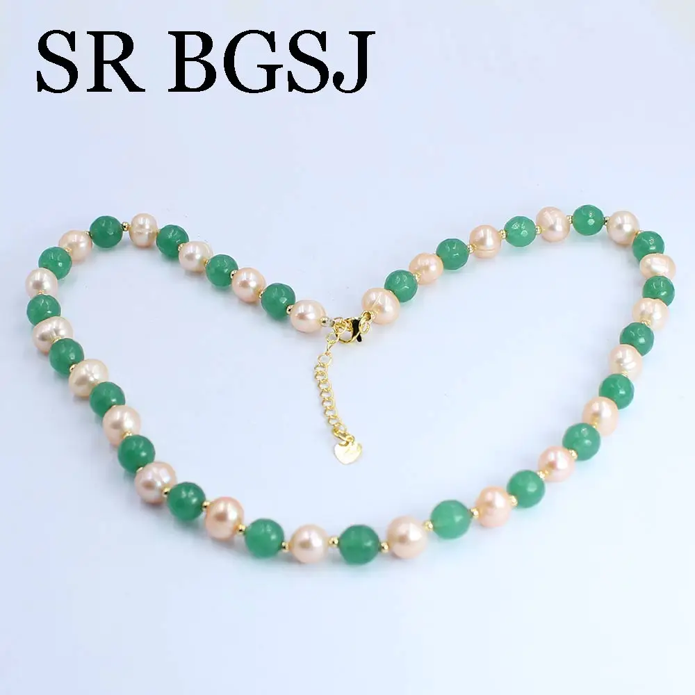 

Free Shipping 8mm Faceted Green Aventurine Jades Gems Stone 8-9mm Pink Natural Pearl Women Chokers Necklace 18inch