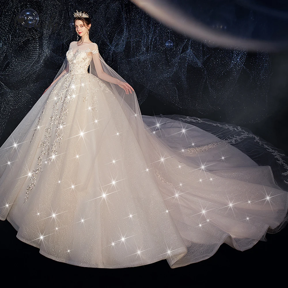 Optcely Robe De Mariee роскошное Королевское шаль рукав совок бальное платье с круглым вырезом Свадебное платье аппликации бисером платья принцессы невесты