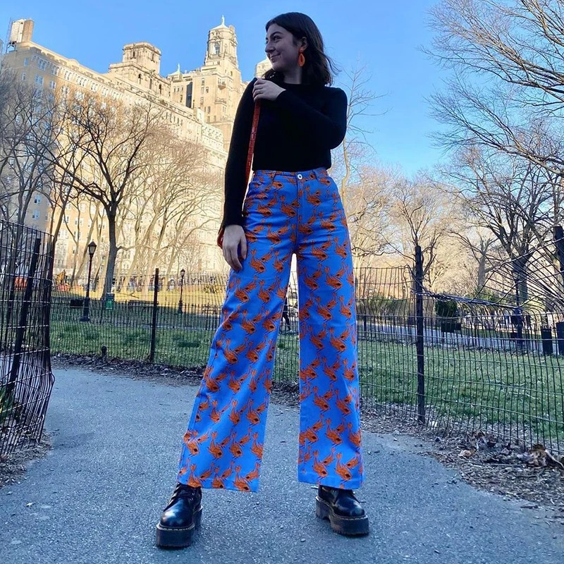 

Female High Waist Loose Flared Pants Streetwears Casual Women Clothing Printed Y2K Pants Indie Fashion Trousers