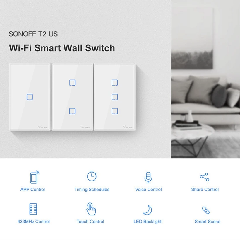 Sonoff T2 США умный Wifi настенный светильник переключатель 1 2 3 Банды сенсорный/WiFi/433
