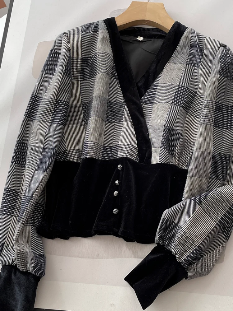 

Spring OL Ladies Long Sleeve Front Buttons Pullover V-neck Black Plaid Women's Blouse