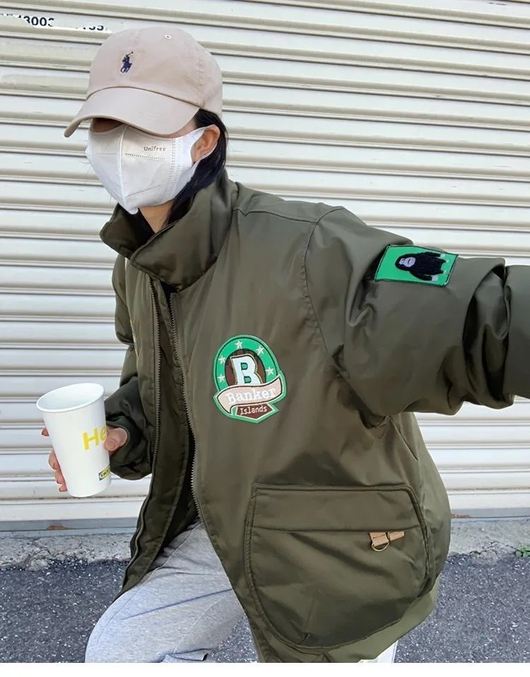 Unisex, winter, fashion, commuter, quilted baseball jacket jacket, embroidery, patch, zipper, mid-length loose cotton clothes
