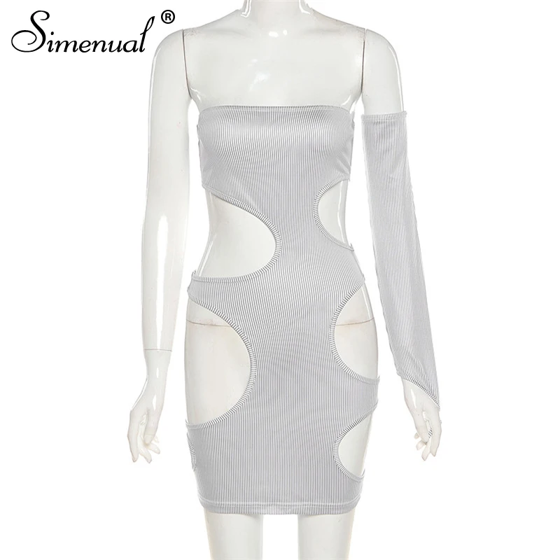 

Simenual Striped Cut Out Skinny Party Mini Dress with Sleeve Women Sexy Summer 2021 Clubwear Strapless Dresses Birthday Outfits