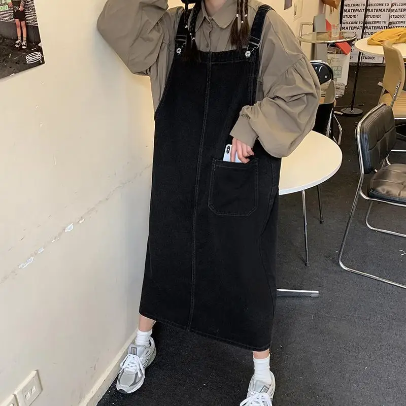 

Dress Women Sleeveless Denim Blue Leisure Loose Female Dresses Square Collar Adjustable Strap Multi-Pocket Long Hip-Hop Clothing