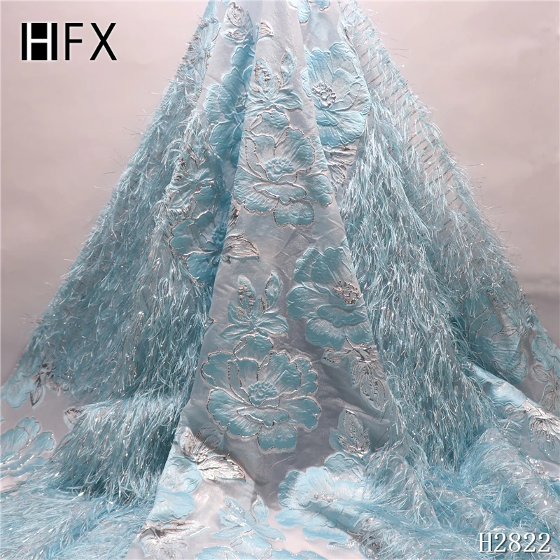 HFX Новая высококачественная африканская жаккардовая ткань с перьями французское кружево с блестками материал для свадебного платья H2822