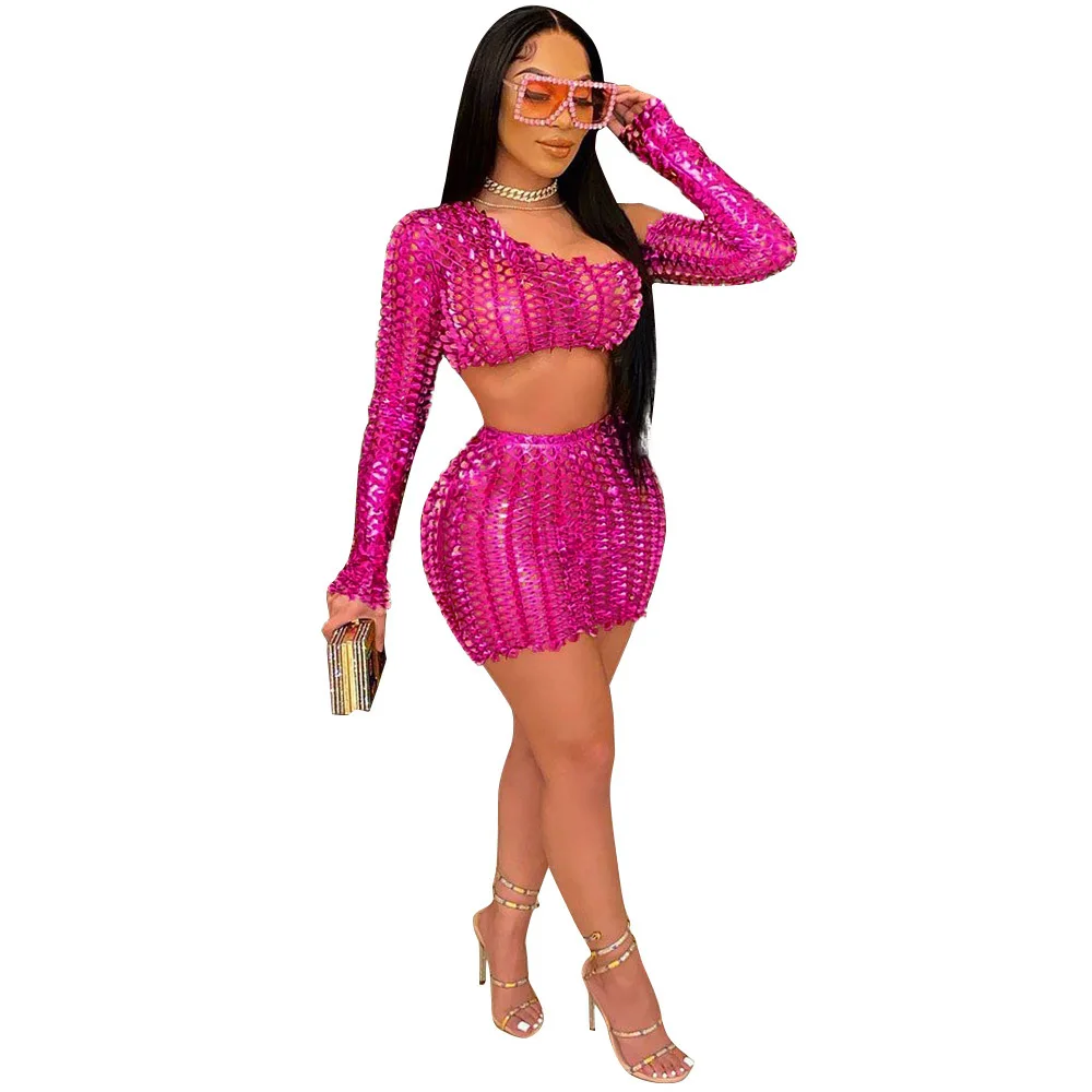 

SSEURAT Women Set Solid Full Sleeve Skew Collar Crop Tops Sheath Elastic Mini Skirts 2 Piece Sets Sexy Night Party Dress Summer