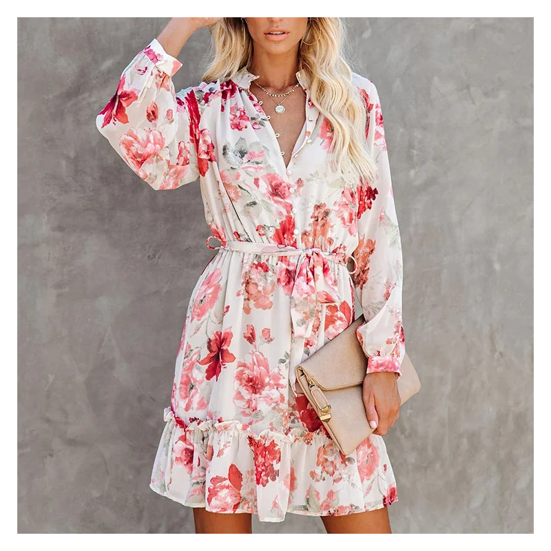

Summer Fashion Elegant Lapel Single-breasted Lace-up Long-sleeved Ruffled Women Mini Dress Party Short Skirt Large Plus Size