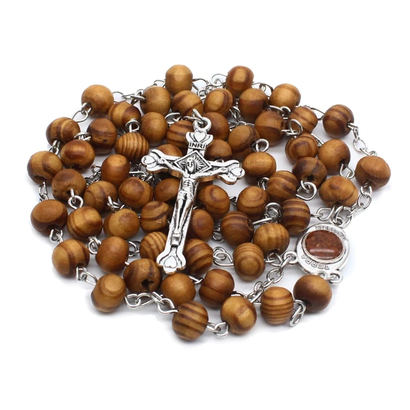 

Retro Wooden Rosary Beads Necklace for Women Cross Jesus Pendant Religious Christian Jewelry Gifts