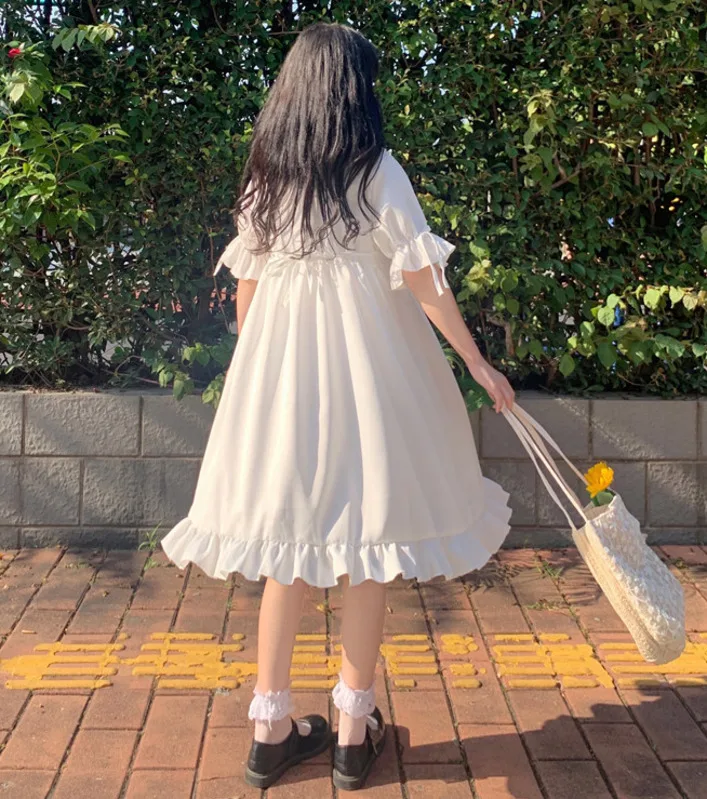 

Japanese Kawaii Lolita Girl 2021 Summer White Dress Peter Pan Collar High Waist Loose Dress Flare Sleeve Chiffon Cute Dresses