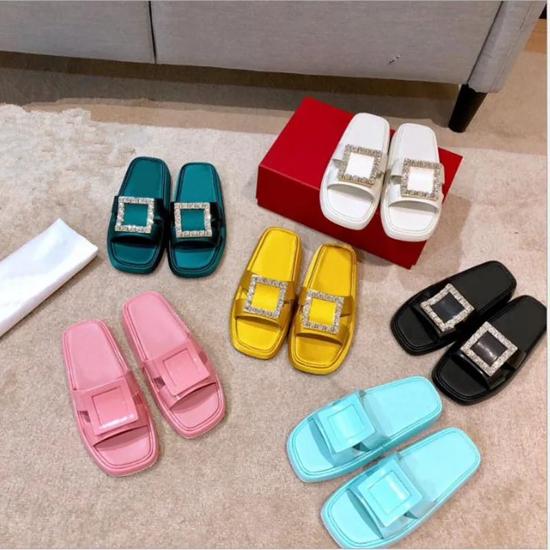 

Summer 2021 Thick Soled Women's Shoes Rhinestone Square Buckle Candy Colored Flat Shoes Ladies Outer Beach Slippers Jelly Jhoes
