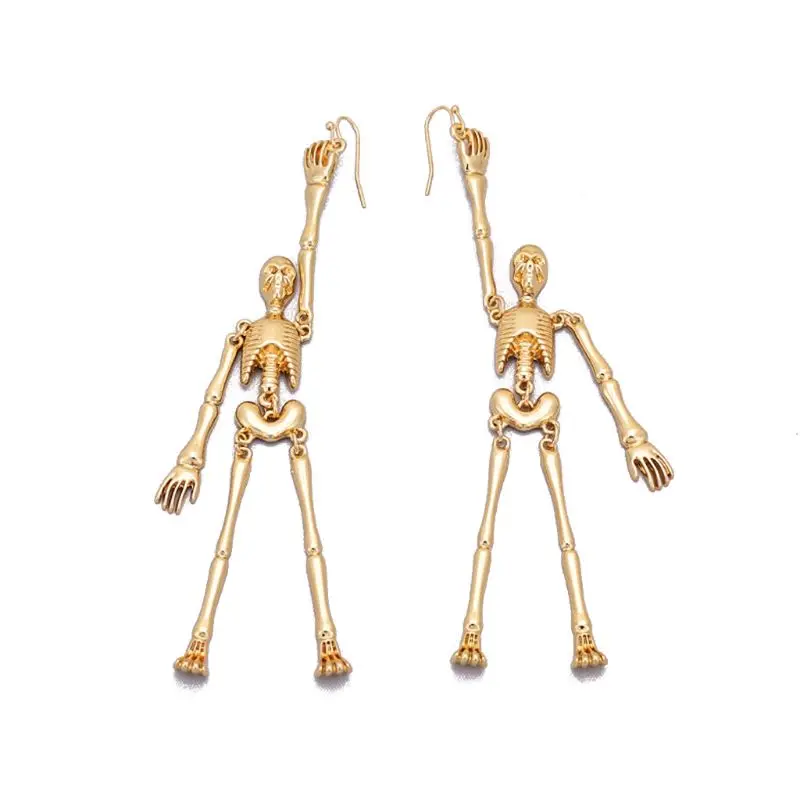 

Punk Gold Skeleton Bones Gothic Moving Part Spooky Drop Earrings Fashion Jewelry E56A