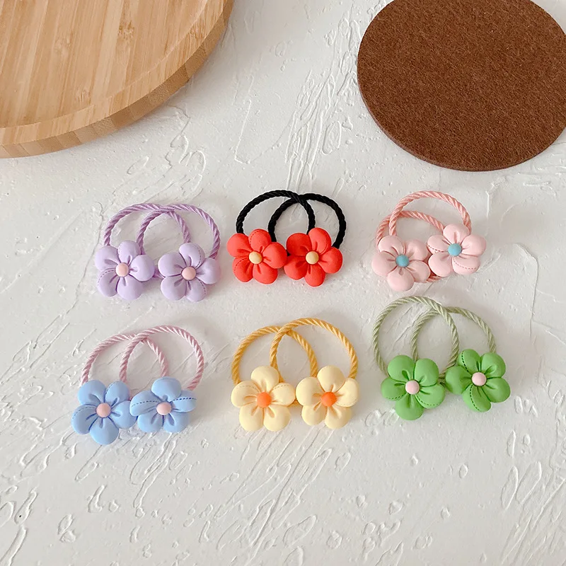 

2 Pair New Sweet Girl Simple Cute Candy Color Flower Rubber Band Hair Rope Korean Fashion Children's Ponytail Hair Accessories